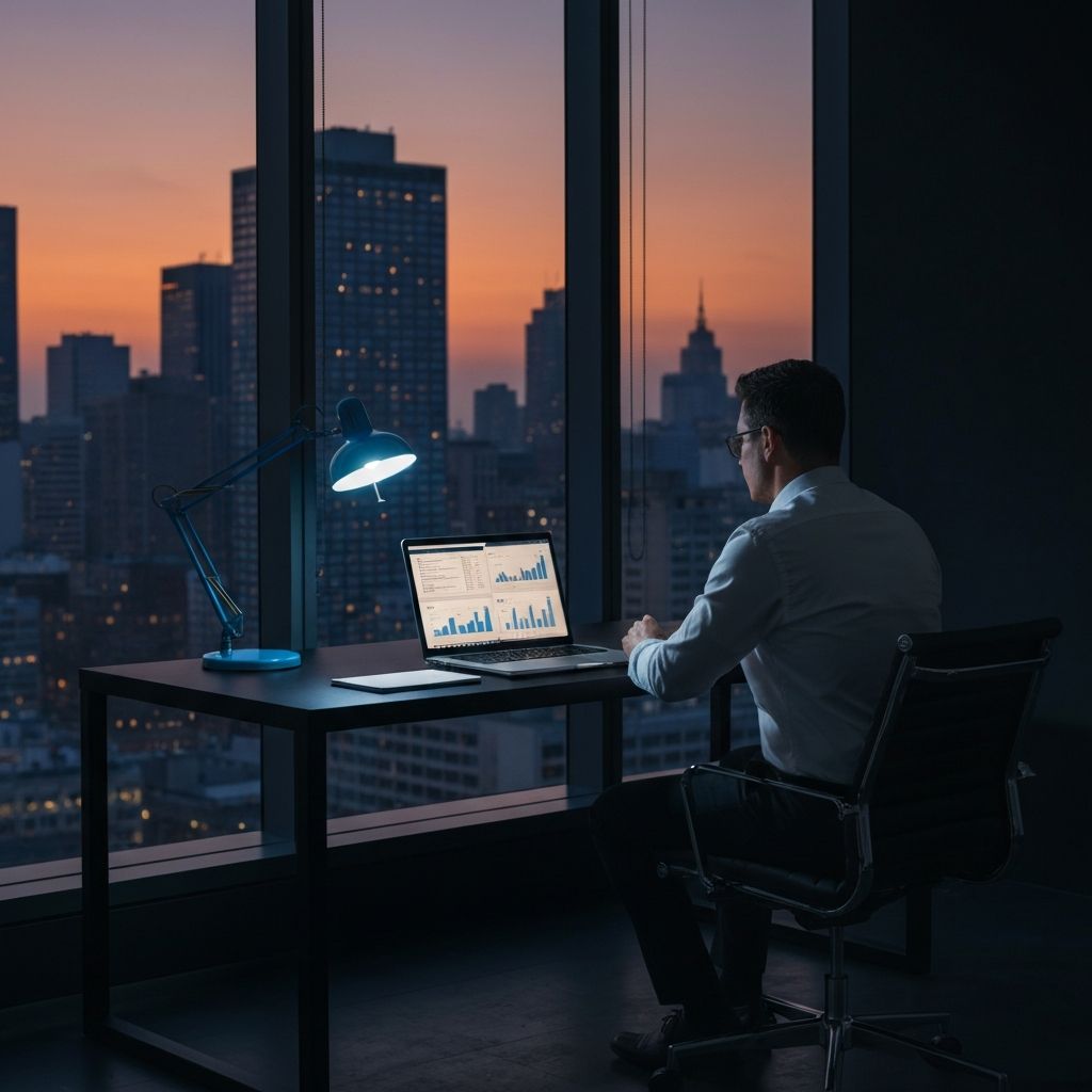 Modern executive workspace with data dashboards